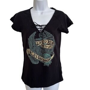 Harley Davidson Womens Black Lace Up V-Neck Graphic T-Shirt Eagle Studded Medium